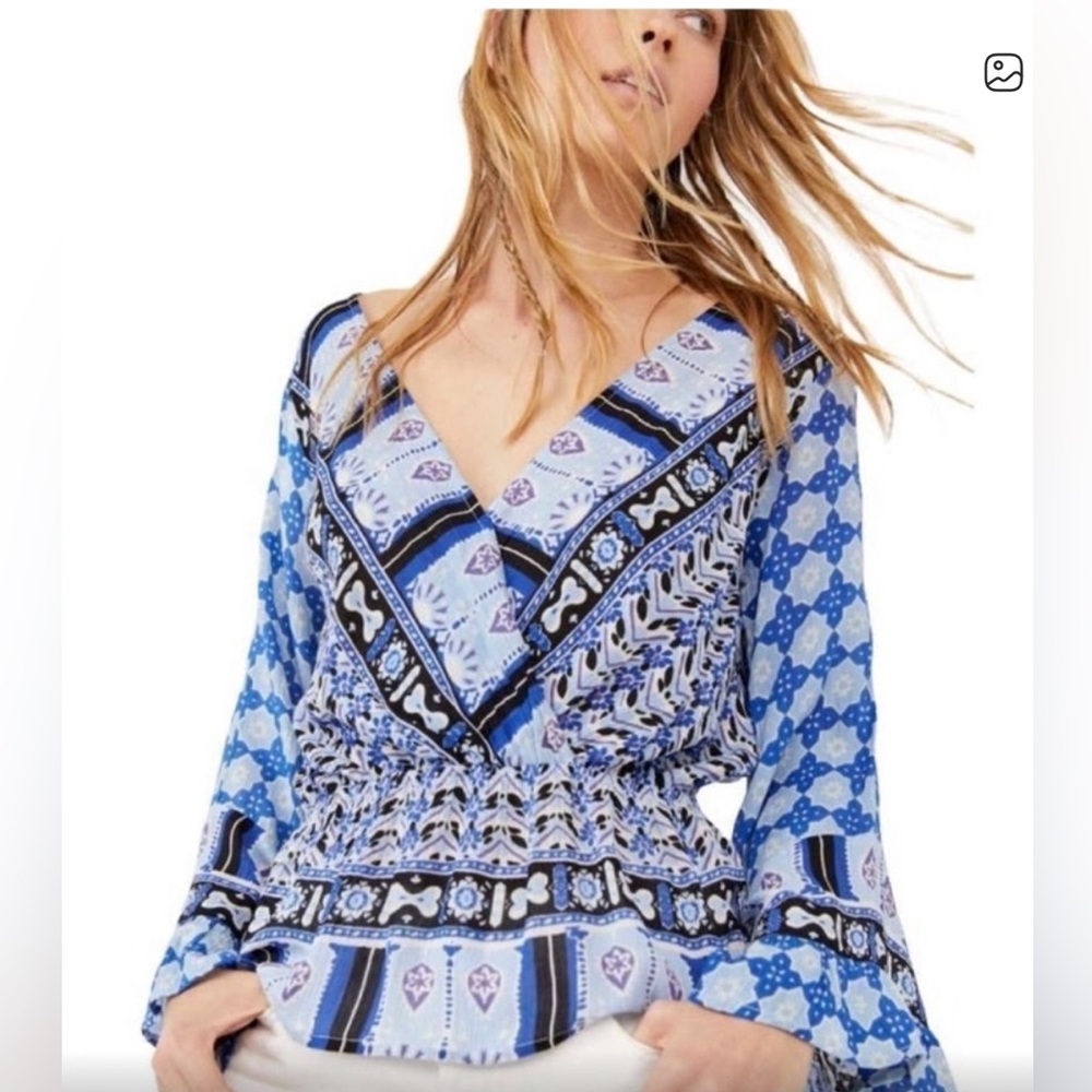 Free People Rosalee Blue and White Graphic Peplum Blouse